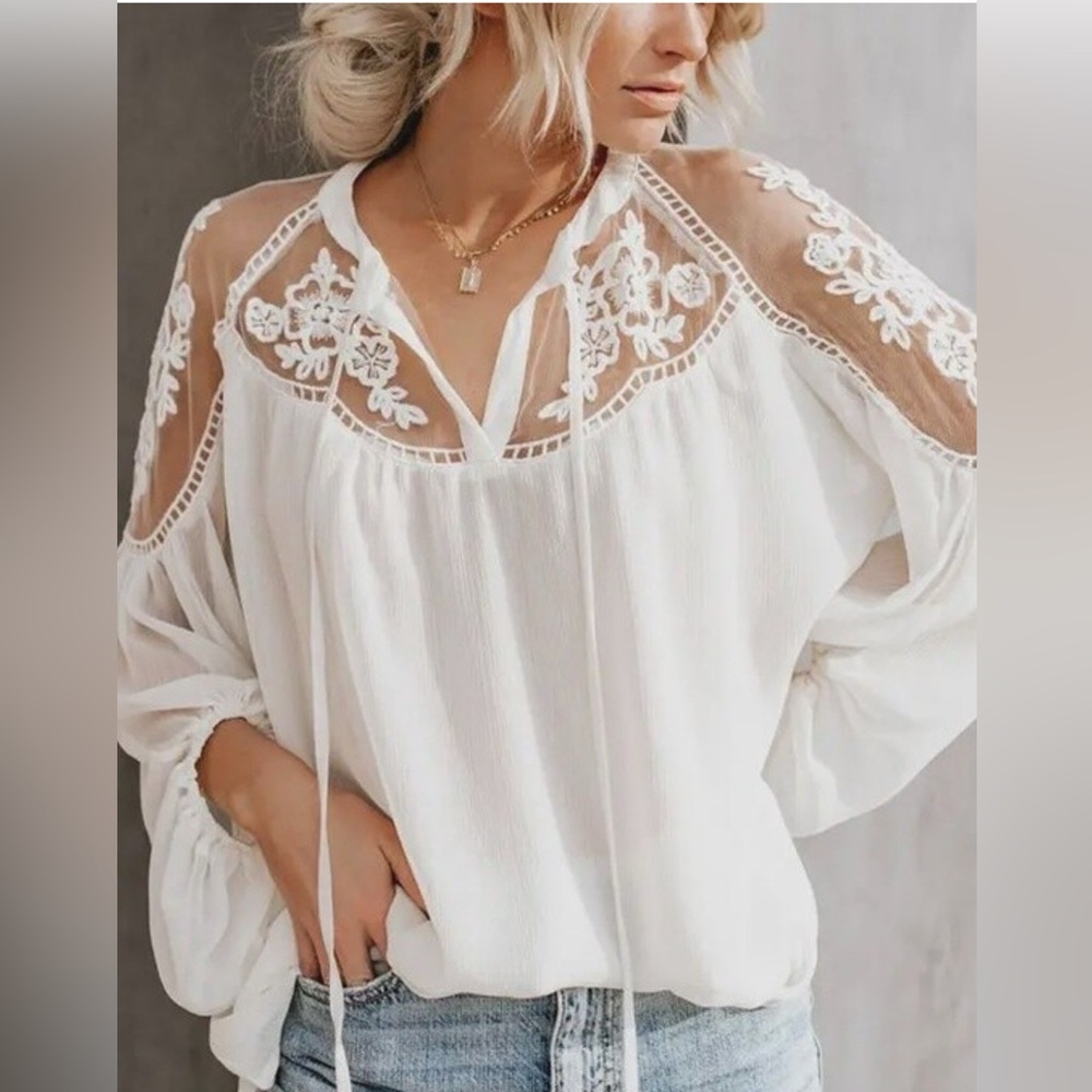Lala Factory Sz Large Tunic White Lace Sheer Floral Cut Out Long Sleeve Resort